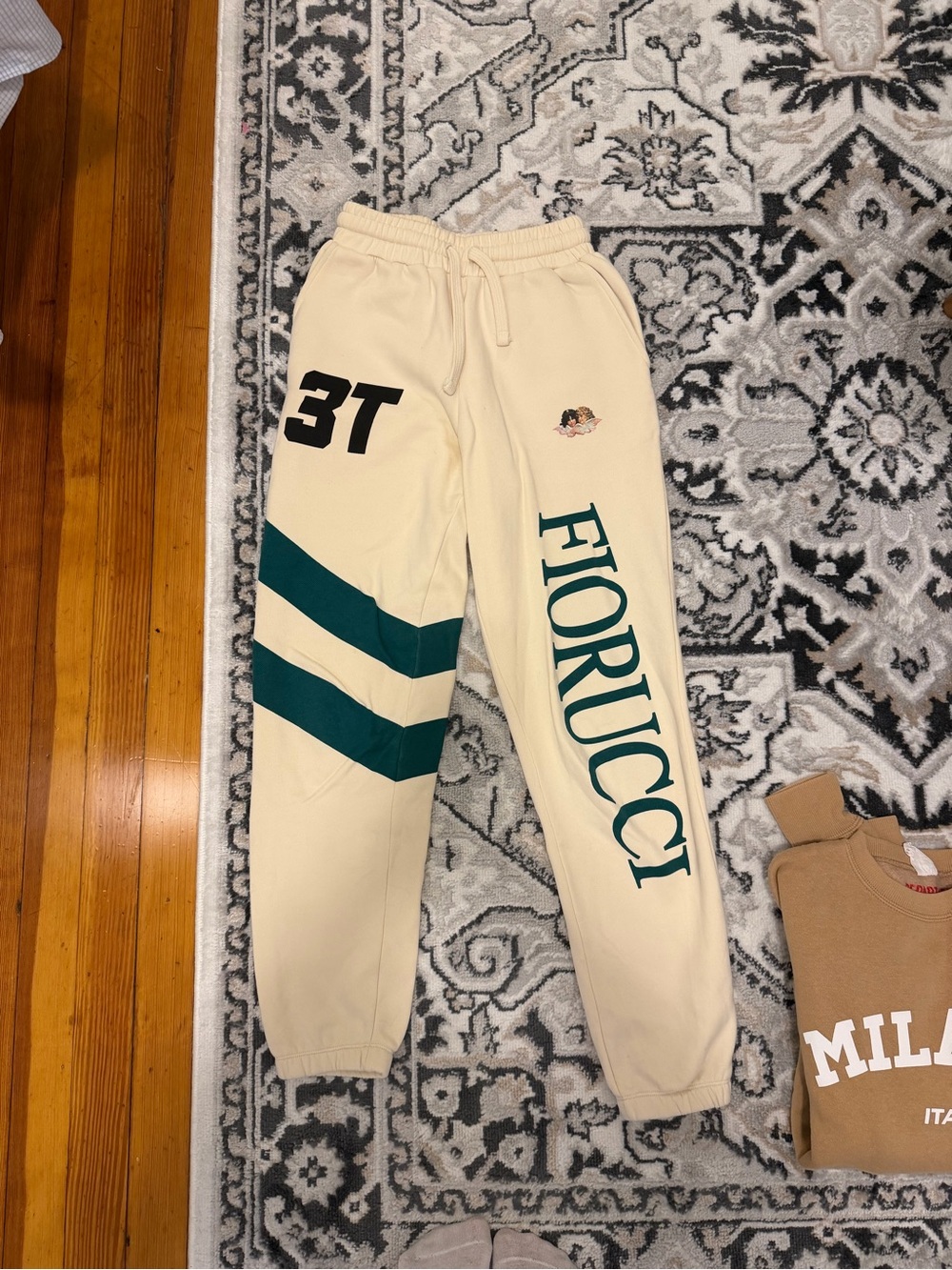 Fiorucci Cream Sweatpants with Dark Green Logos & Stripes